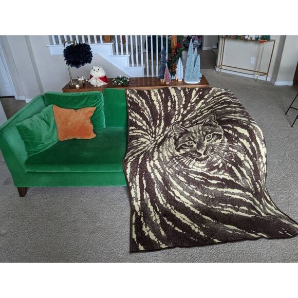 vintage KITTY CAT Print Reversible BLANKET fleece cream brown animal print - Picture 7 of 9